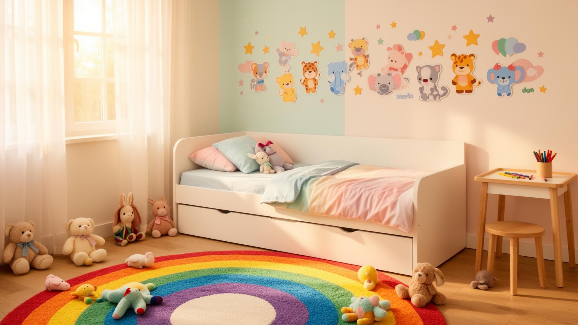 Playful kids bedroom with colorful furniture and toys