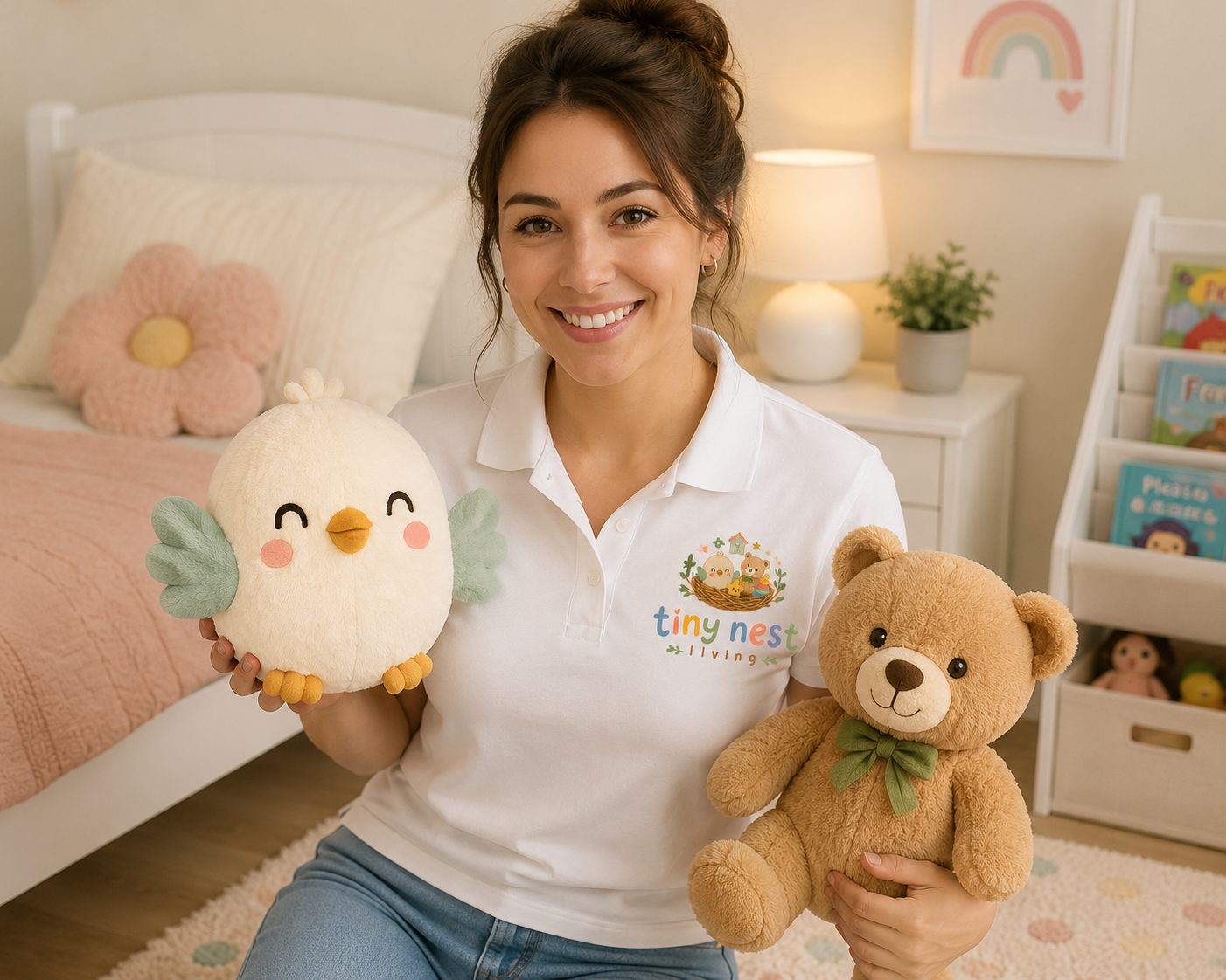 Tiny Nest Living staff with plush toys in a nursery